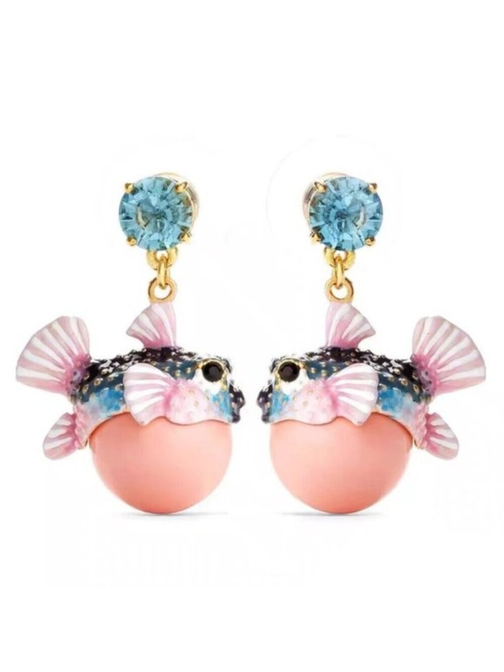 Les NEREIDES Boxfish And Light Blue Faceted Crystal Stone Pendant Sleeper Earrin